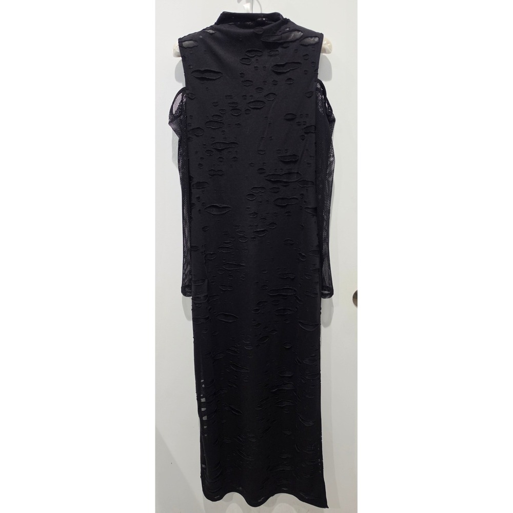 Killstar Black Distressed Maxi Dress Cold Shoulder Fishnet Sleeves Goth Size L